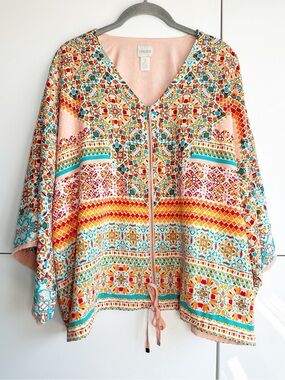 Chico’s Kimono Sleeve Zip up Jacket Shacket Orange Size 2 (Large) Boho Hippie